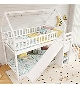 Giantex House Bunk Bed Twin Over Twin with Slide & Stairs, Wood Bunk Bed with Storage Shelves, No...