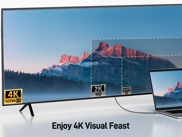 4K television display featuring mountain landscape imagery, with comparison panel showing resolution quality difference and '4K Ultra HD' badge.