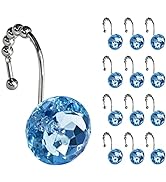 Sunlit Luxury Design Round Blue Diamond Crystal Gem Bling with Glide Balls Shower Curtain Hooks, ...