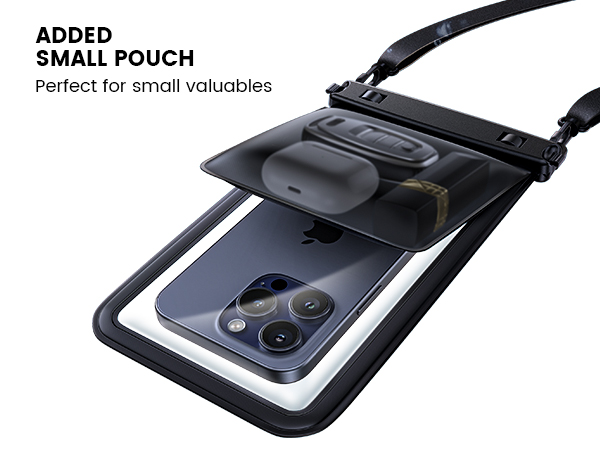 Waterproof phone pouch with clear window. Text indicates 'Added small pouch' for valuables. Smartphone visible inside case.