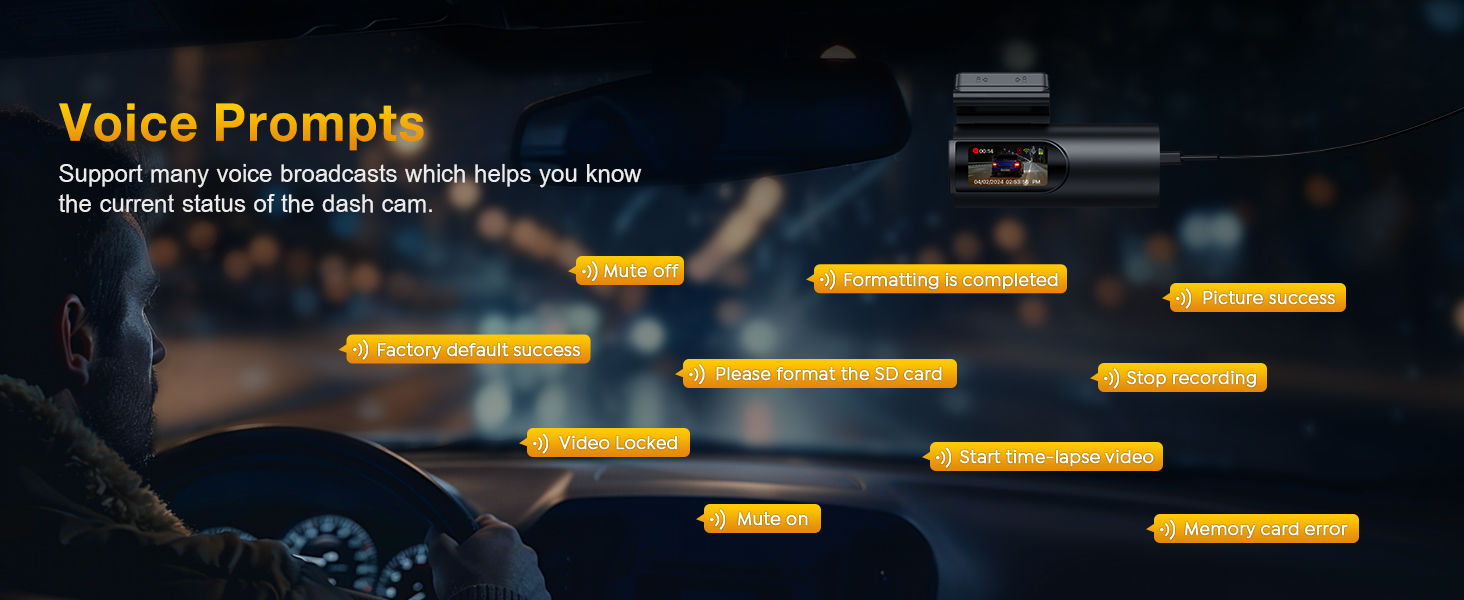 Interface screenshot showing voice prompt feature with multiple highlighted text boxes against a dark background displaying status updates.