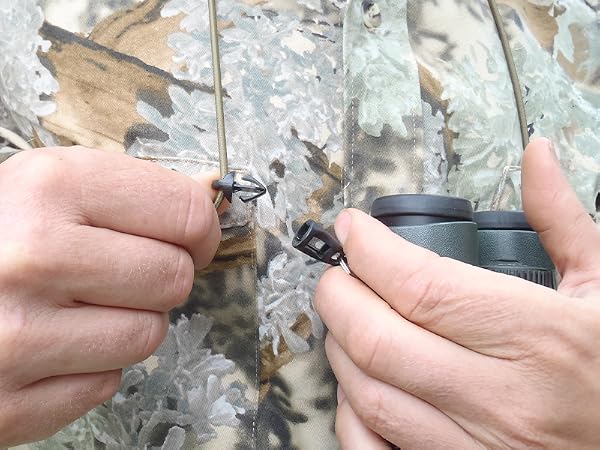 Image describing how to attach the harness to the ends of the binoculars.