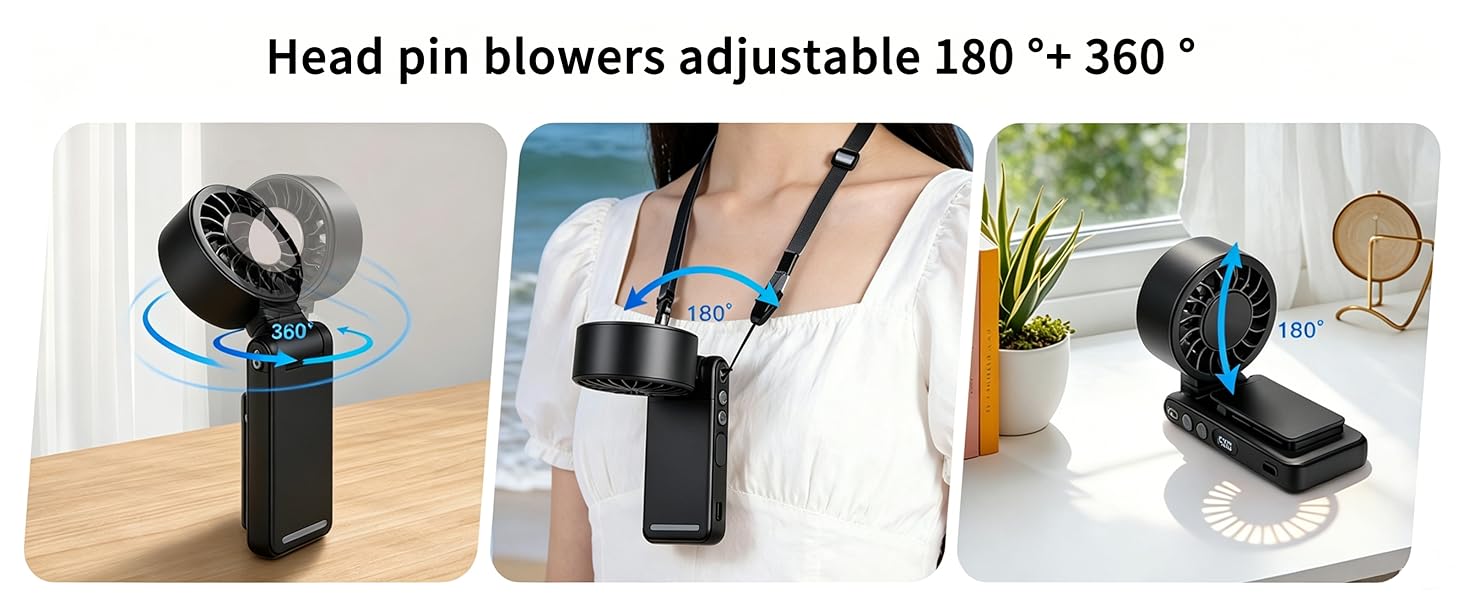 Text reads 'Head pin blowers adjustable 180 * 360 *'. Three product views show black and white cordless air blower devices with nozzle attachments and adjustment features.