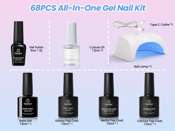 Beetles Gel Nail Polish Kit with U V Light - 32 Colors Gel Polish and Cat Eye Top Coat 68 Pcs