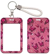 Cute Pink Butterfly ID Badge Holder Photocard Holder with Keychain, ID Card Holder Key Chain Keyr...