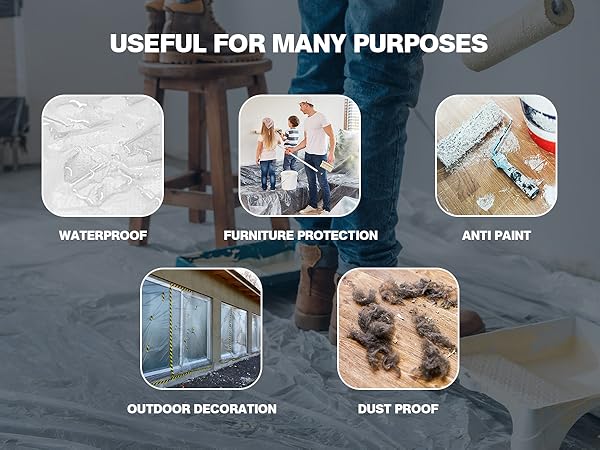 Clear plastic drop cloths protect floors during paint cover plastic projects.