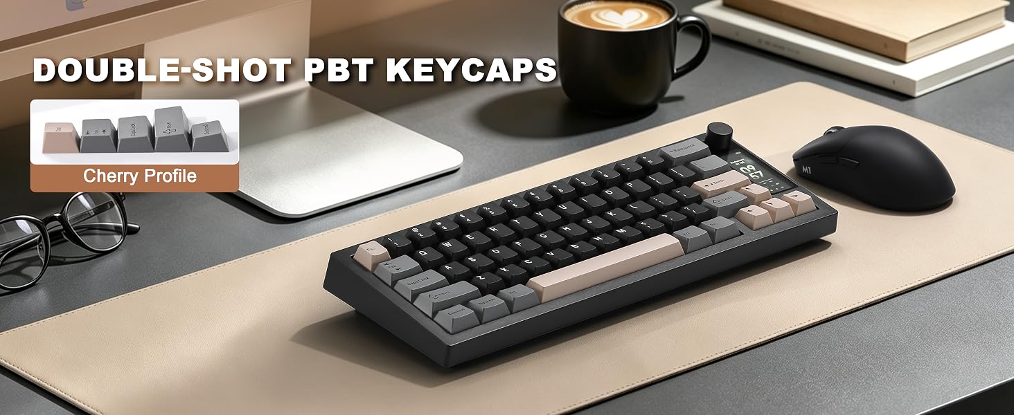 Text reads "DOUBLE-SHOT PBT KEYCAPS" with "Shop now" button. Mechanical keyboard with black keycaps displayed on desk with mouse and notebook.