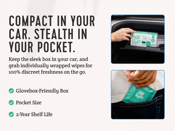Stall Mates wipes. Compact singles individually wrapped for travel. Pocket-sized 3 inch packets.