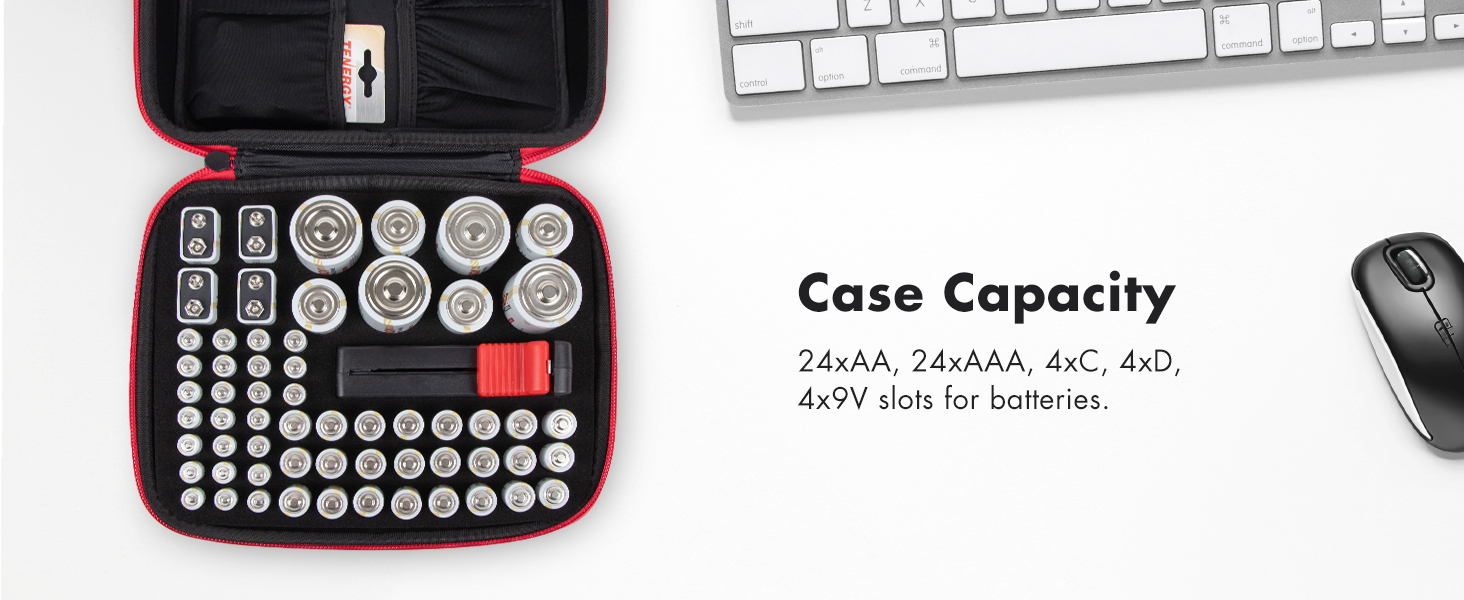 Holds 24 AA batteries 24 AAA batteries 4 C batteries 4 D batteries and 4 9V batteries