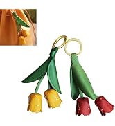 2 Pcs Handmade Genuine Leather Leaf Flower Keychain – Leather Tulip Flower Keyring Pendant Charm ...