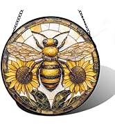 DASTOLL Stained Glass Window Hanging - Bee Sunflower Yellow Suncatcher Ready to Hang Window Doors...