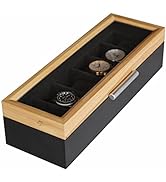 CASE ELEGANCE Two-Toned Pine and Black Base with Modern Aluminum Handle 6-Slot Watch Box with Rea...