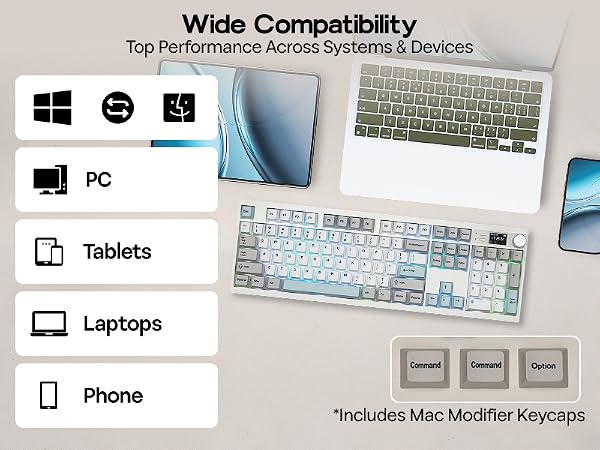 Text reads: 'Wide Compatibility'. Shows device icons for PC, Tablets, Laptops, and Phone with system compatibility symbols for different platforms.