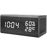 Everwood Wooden Electric Digital Alarm Clock with Qi Wireless Charging, Bluetooth Speaker Led Dis...