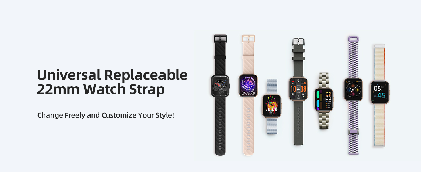 Display of interchangeable 22mm watch straps in various colors and styles, arranged horizontally with product title text above.