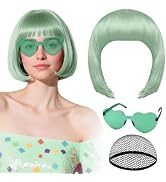 PLULON Sage Green Bob Wig with Heart Sunglasses and Hair Cap for Women, Short Bob Wigs Synthetic ...