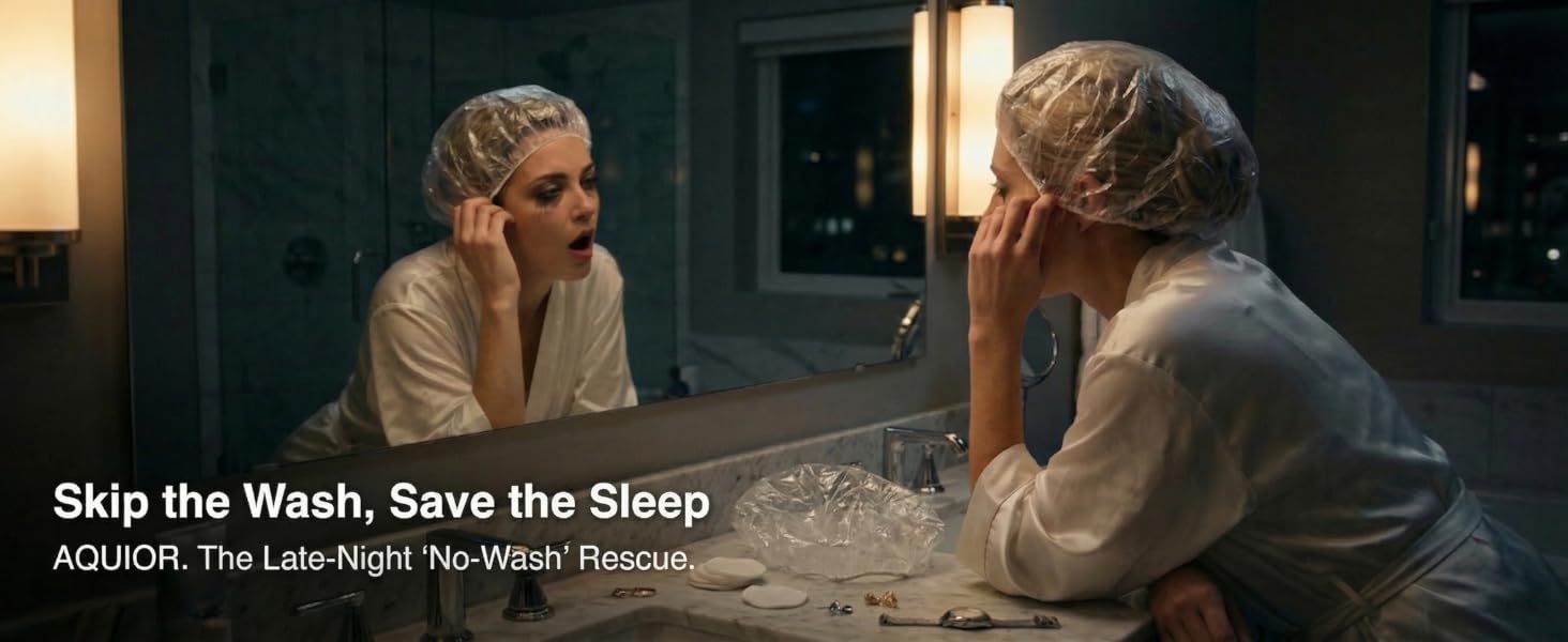 A tired beauty consumer's late-night rescue: skipping the wash with an Aquior disposable cap.