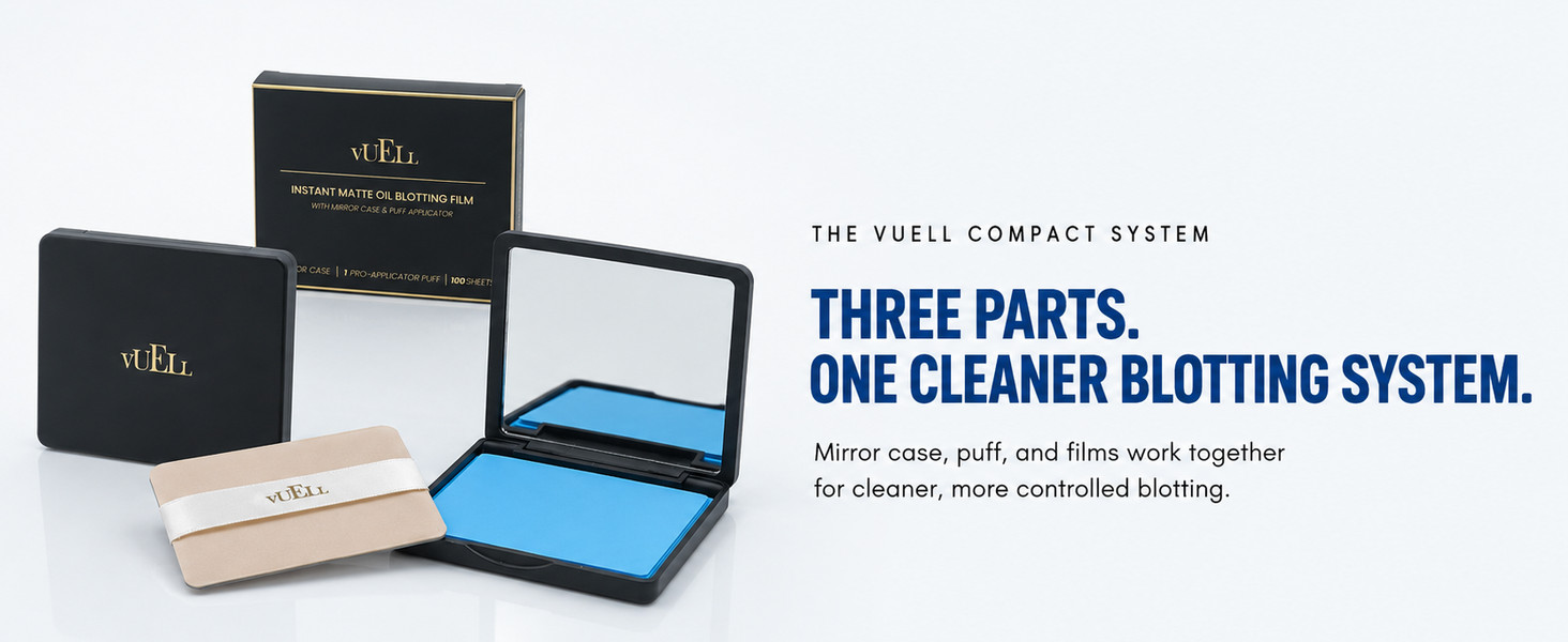VUELL mirror case, puff applicator and oil blotting films system