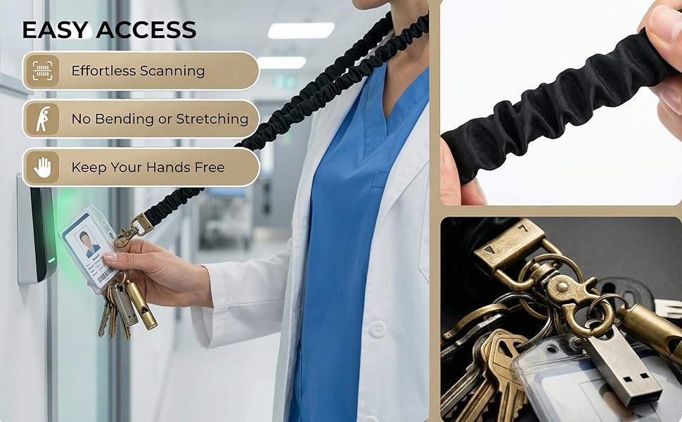 Nurse or doctor using black scrunchie lanyard for easy access to scan ID badge.