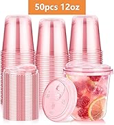 KesaPlan 50 Pack 12 oz Pink Plastic Party Cups with Sip Lids, Disposable Iced Coffee Cup with Lid...