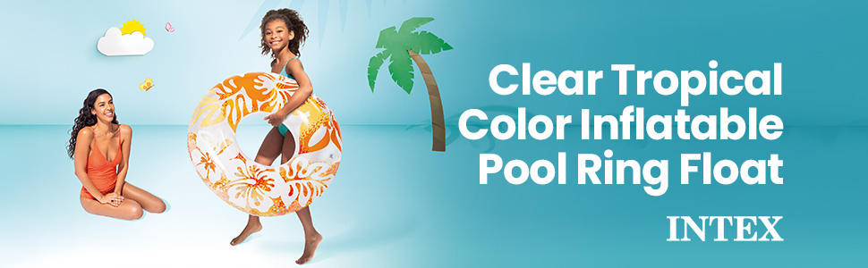 A child carrying an inflatable INTEX swimming tube for kids. Text reads: Pool ring float.