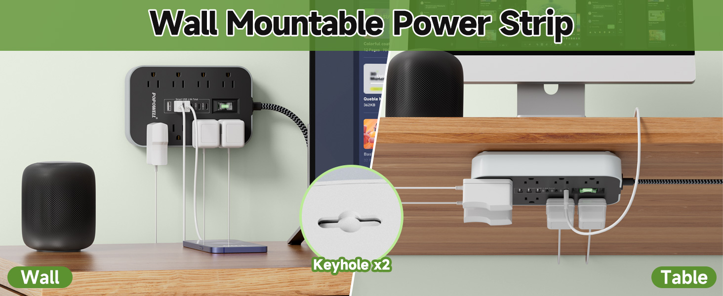 Wall Mountable Power Strip with 2 screw