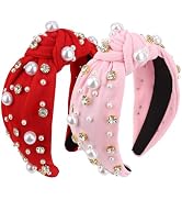 Wecoe 2pcs Knot Headbands Pearl Rhinestone Wide Cloth Headbands Cute Pink Red Head Bands Non Slip...