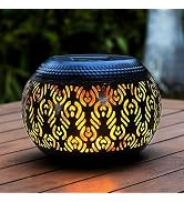 Solar Table Lanterns Outdoor Waterproof - Dancing Flickering Flame Lamp Black Peacock Feather Met...