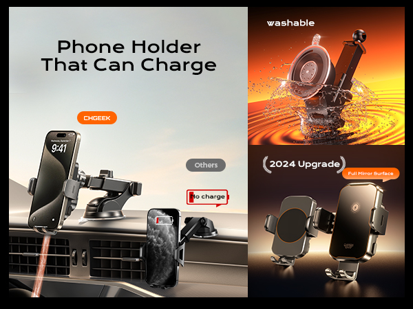 Phone Holder That Can Charge, 2024 Upgrade Full Mirror Surface CHGeek wireless car charger