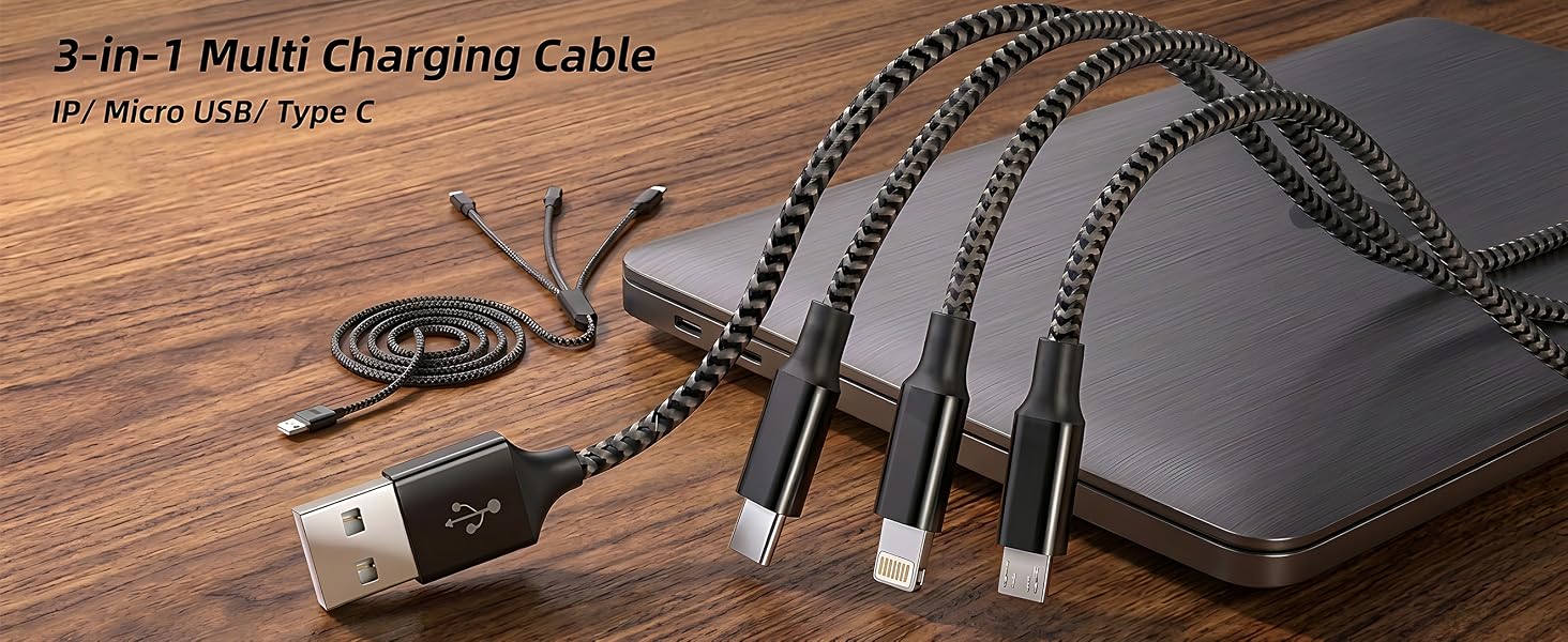 Replace messy tangled desk cords with a sleek 3-in-1 universal charger solution