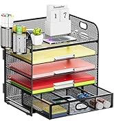Lavatino 5 Tray Desk Organizer with Drawer, Mesh Paper Letter Tray Organizer with Handle and 2 Pe...