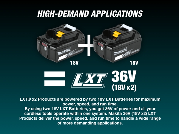 Makita, 18Vx2, 18V, X2, (36V), LXT, Lithium-Ion, Brushless, Cordless power run time