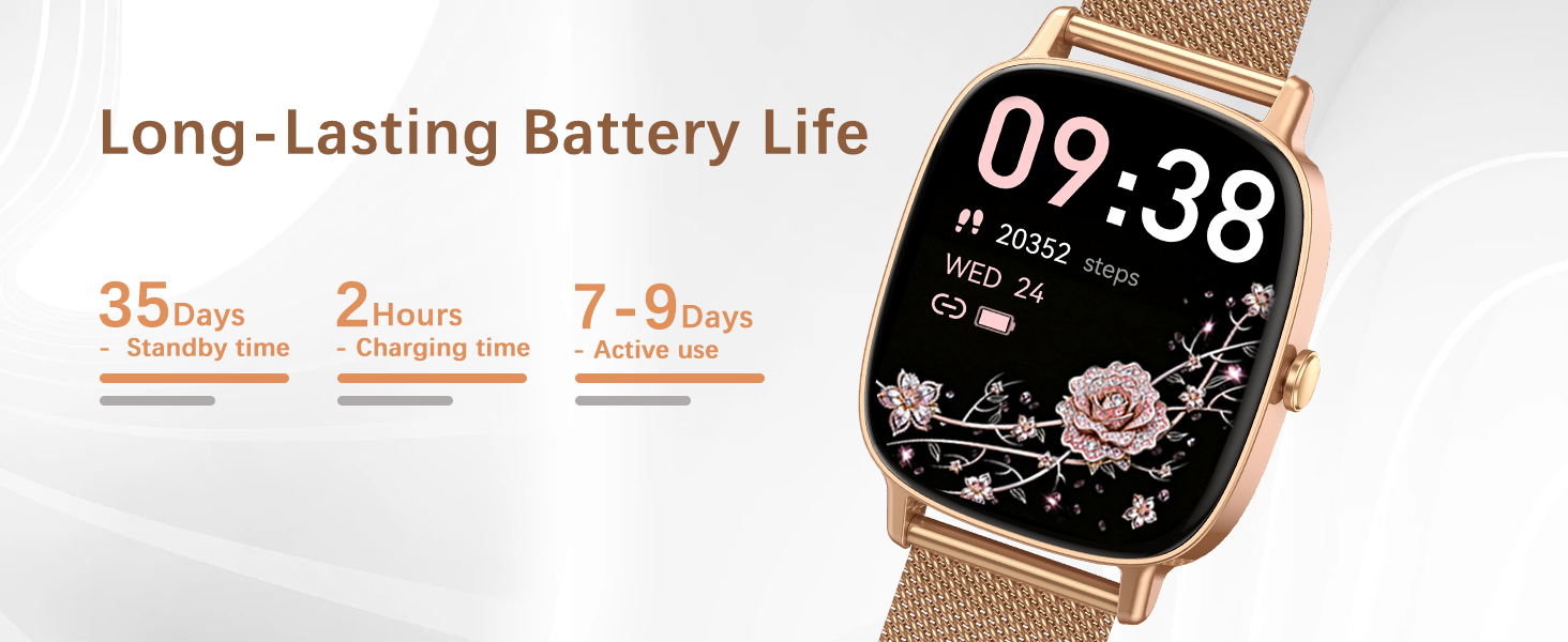 Text reads 'Long-lasting Battery Life' with digital time display showing '09:38'. Product demonstration of smartwatch battery duration features.