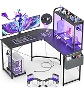 Small L Shaped Gaming Desk with Power Outlets, Corner Gaming Desk with LED Light, Reversible L-Sh...