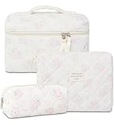 AMZMA Makeup Bag, 3 PCS Quilted Makeup Bag, Cute Floral Cotton Cosmetic Bag set, Coquette Makeup ...