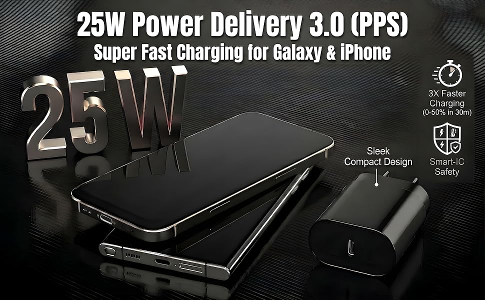 25W USB-C fast charger block for Samsung Galaxy S26 and iPhone 17 with 3x faster charging