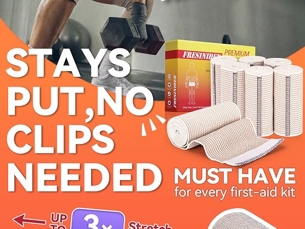 Athlete wearing an elastic compression bandage beside FRESINIDER packaging