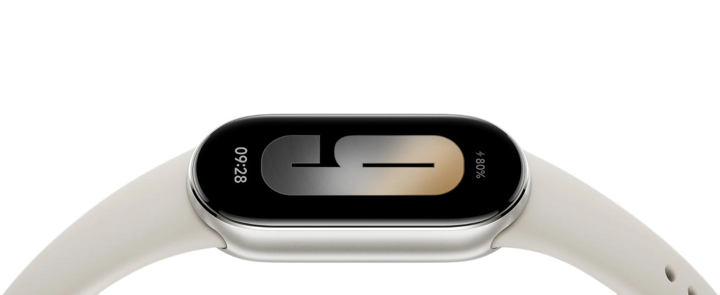 White smartwatch or fitness tracker with digital display showing time on curved rectangular screen.
