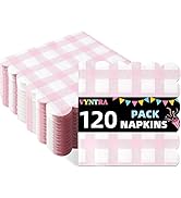 Vyntra 120 Pcs Pink Gingham Disposable Paper Napkins, 5.9 x 5.9 Inches, Pink & White Checkered Na...