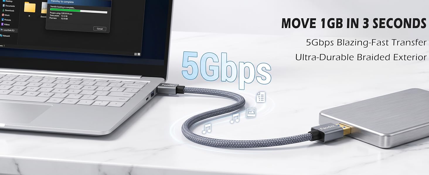 Braided USB-A cable transferring 1GB in 3 seconds to a hard drive.