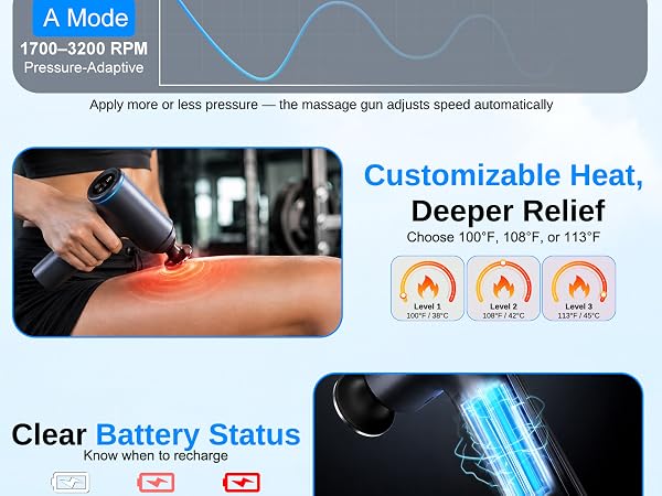 Deep tissue massage guns with heated heads, 1700-3200 RPM and real-time pressure indicator.