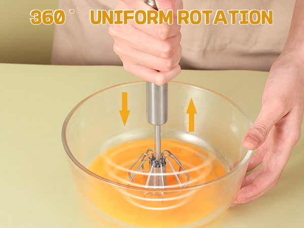 Text reads '360° UNIFORM ROTATION'. Demonstration of mixing/blending device in orange liquid showing uniform circular motion pattern.