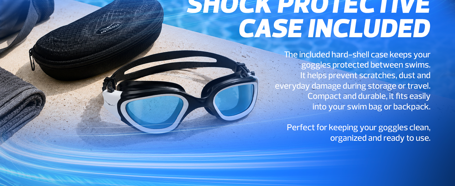 AqtivAqua swim goggles with hard-shell case for clean and protected storage