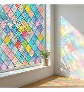 Coavas Window Privacy Film Stained Glass, 3D Rainbow Colorful Lattice Decorative Static Cling No...