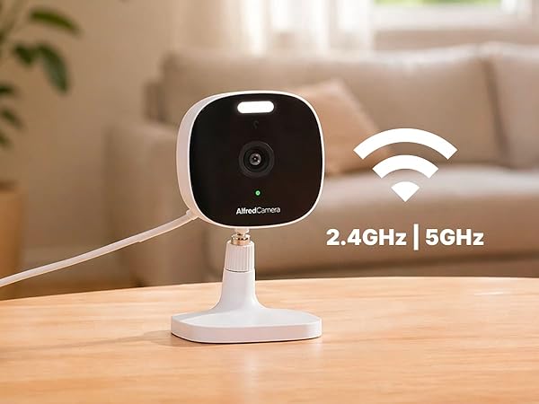 AlfredCam Plus 2 on table showing dual-band Wi-Fi support for stronger, seamless connections.