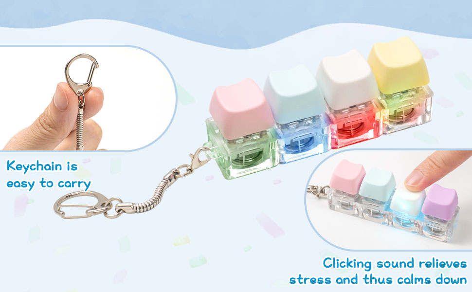 Keychain with colorful cube-shaped objects. Features include easy-to-carry design and clicking sound for stress relief. Cubes have pastel-colored tops and transparent bodies containing small items.