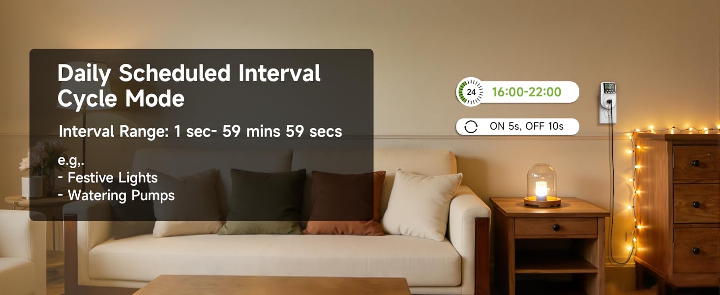 String lights are connected to timer plug(shows daily time 16:00-22:00, with cycle ON 5s, OFF 10s)
