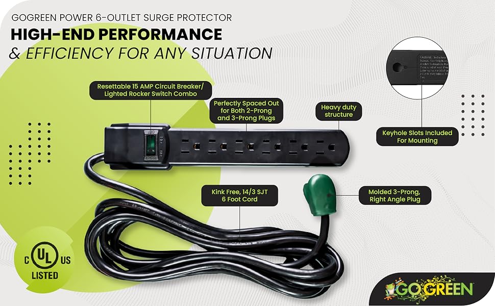 Go Green Power GG-16106MSBK Surge Protector, 6 FT, Black