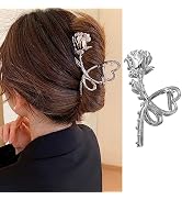 Flower Hair Claw Clips Metal Sliver Rose Hair Clips Large Heart-Shaped Non-Slip Hair Jaw Clips fo...