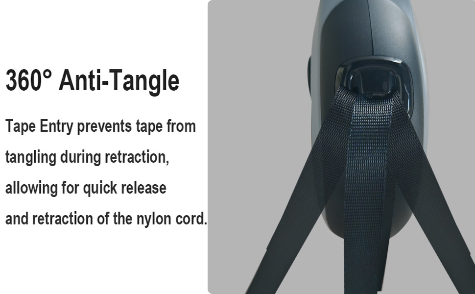 Text reads '360° Anti-Tangle Tool Entry prevents lines from tangling during retraction, allowing for quick release and retraction of the nylon cord.' Black plastic device shown.